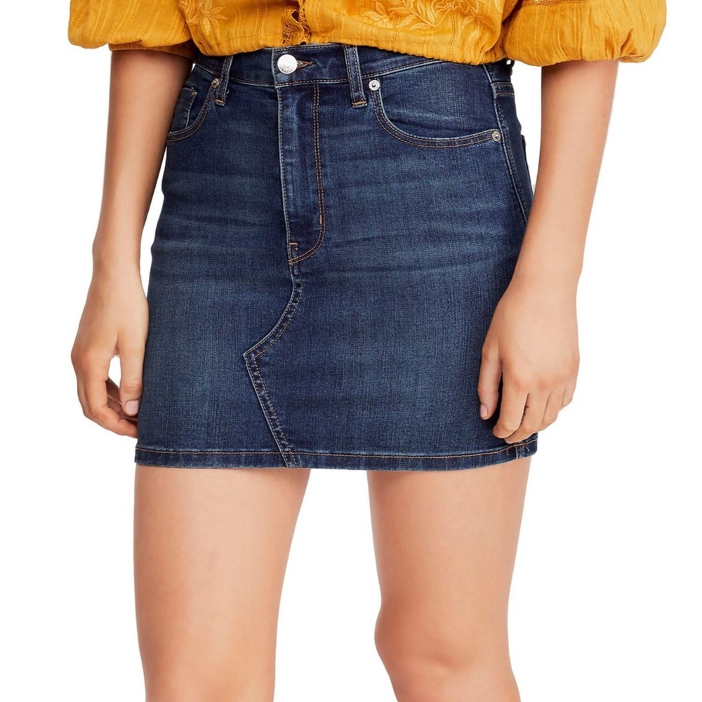FREE PEOPLE Teagan Jean Skirt Dark Denim Five Pocket Mini Skirt NWT - Picture 2 of 6